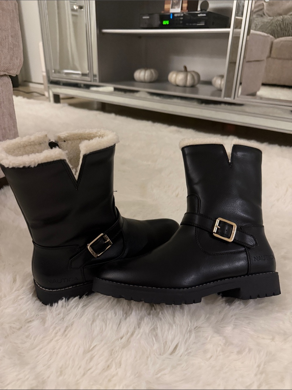 Nautica Black Buckle Ankle Boots with White Faux Sherpa lining